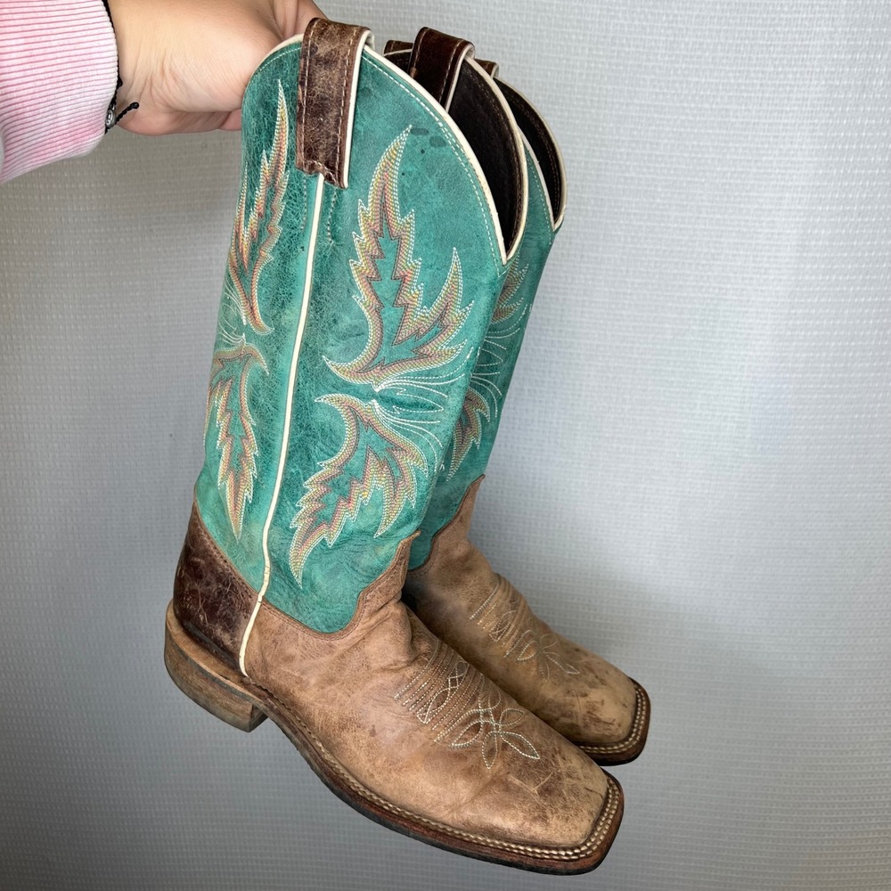 Justin Bent Rail BRL335 Womens 7.5 B Turquoise Tan Leather Square Toe Boots USA